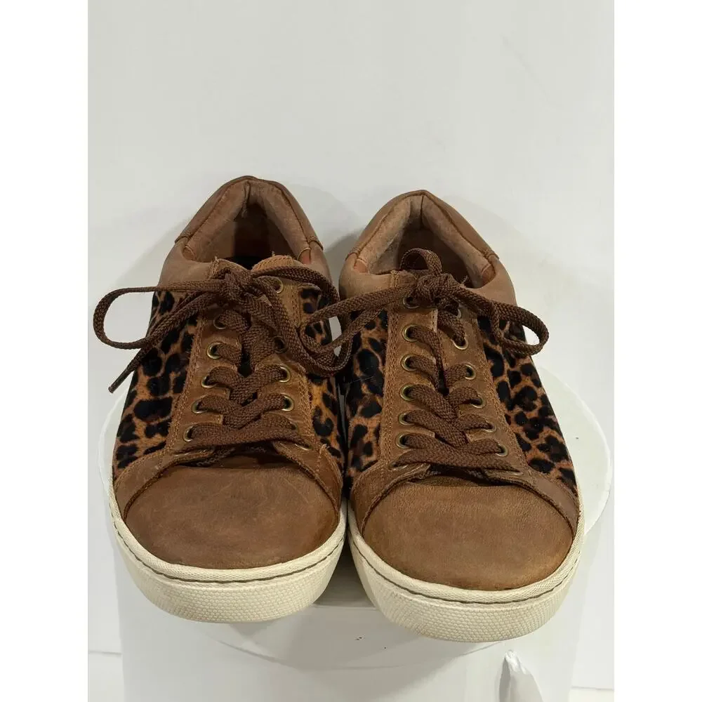 Born Leather Leopard Print Sneakers Brown Low Top Lace Up Women's 9M Animal Shoe